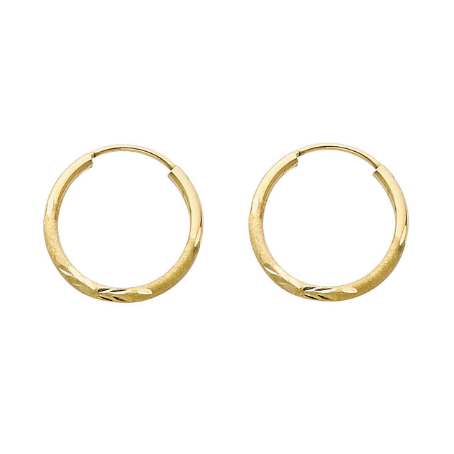 14K Yellow Gold Diamond-Cut 1.5mm Endless Hoop Earrings 16mm on White Background