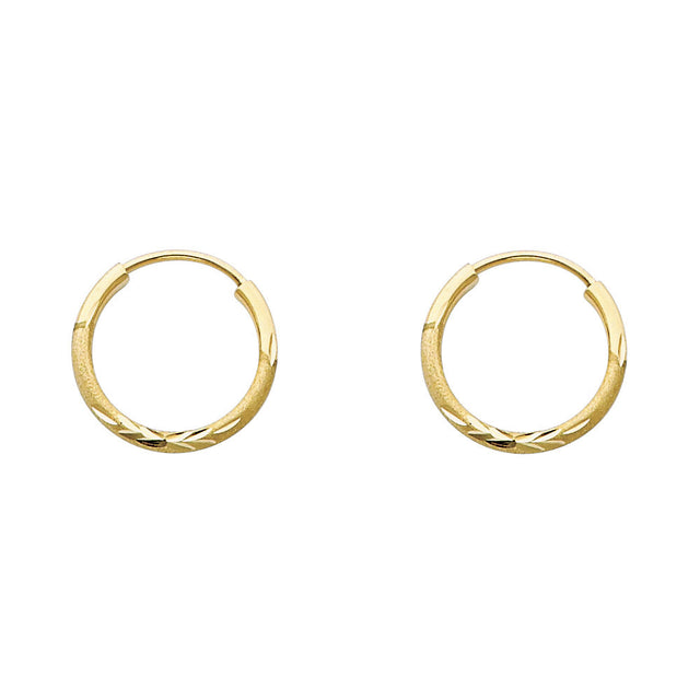 14K Yellow Gold Diamond-Cut 1.5mm Endless Hoop Earrings 14mm on White Background