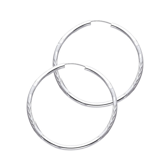 14K White Gold Diamond-Cut 2mm Endless Hoop Earrings 30mm on White Background