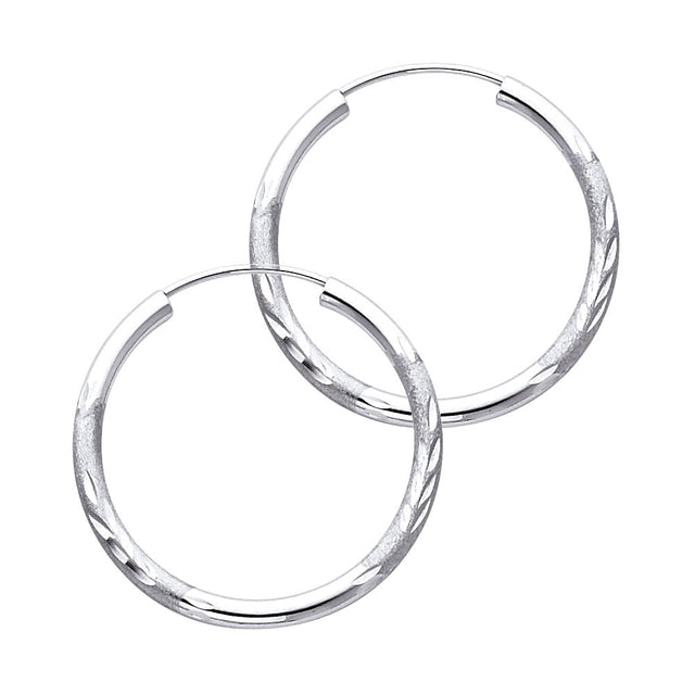 14K White Gold Diamond-Cut 2mm Endless Hoop Earrings 25mm on White Background