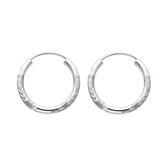 14K White Gold Diamond-Cut 2mm Endless Hoop Earrings 17mm on White Background