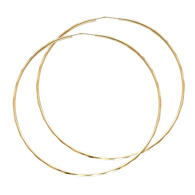 14K Yellow Gold Faceted 1.5mm Round Tube Hoop Earrings 65mm on White Background