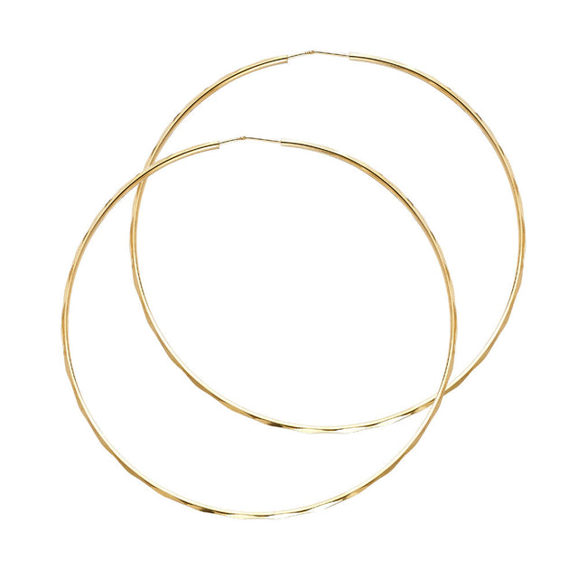14K Yellow Gold Faceted 1.5mm Round Tube Hoop Earrings 55mm on White Background