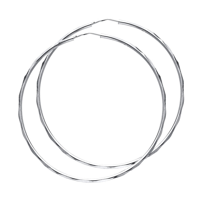 14K White Gold Faceted 1.5mm Round Tube Hoop Earrings 45mm on White Background