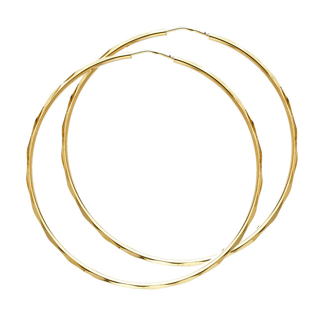 14K Yellow Gold Faceted 1.5mm Round Tube Hoop Earrings 45mm on White Background
