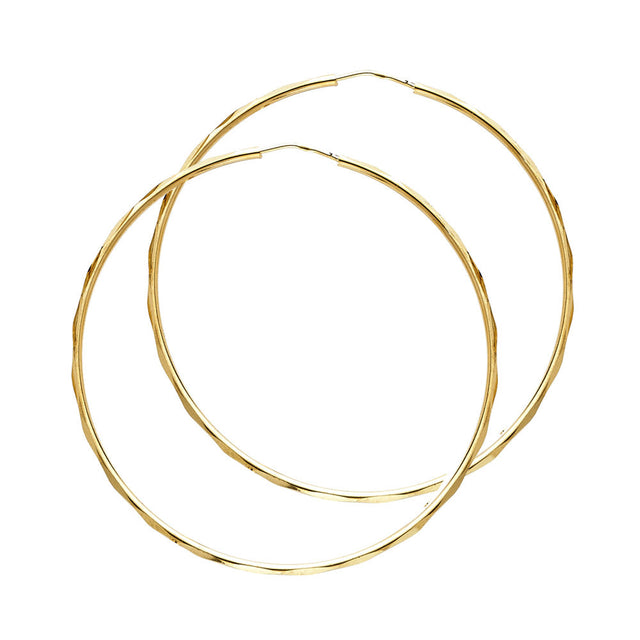 14K Yellow Gold Faceted 1.5mm Round Tube Hoop Earrings 35mm on White Background