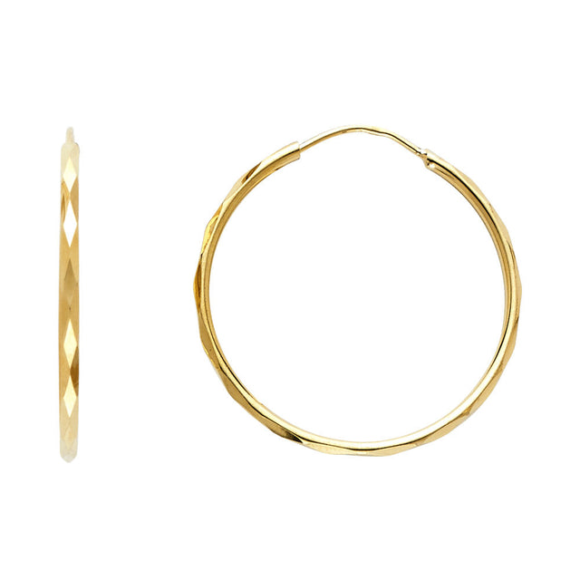14K Yellow Gold Faceted 1.5mm Round Tube Hoop Earrings 25mm on White Background