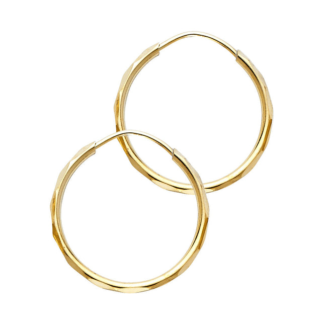 14K Yellow Gold Faceted 1.5mm Round Tube Hoop Earrings 17mm on White Background