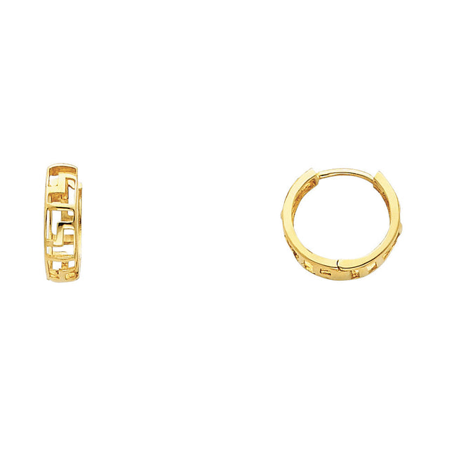 14K Yellow Gold Designer Openwork Huggie Earring on White Background