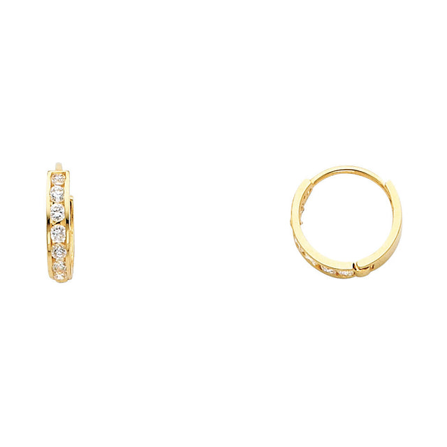 14K Yellow Gold Single-Row CZ Huggie Earring on White Background