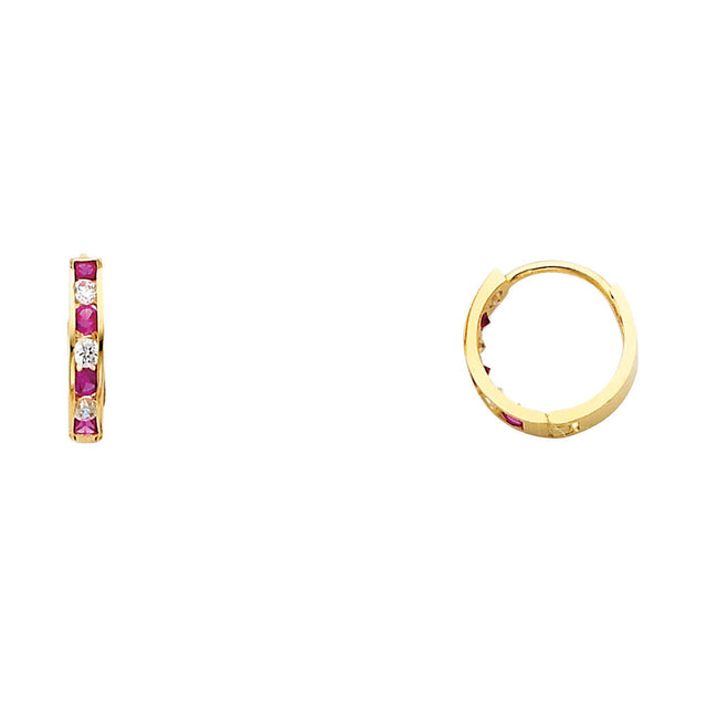 14K Yellow Gold Seven-Stone Red and Clear CZ Huggie Earrings