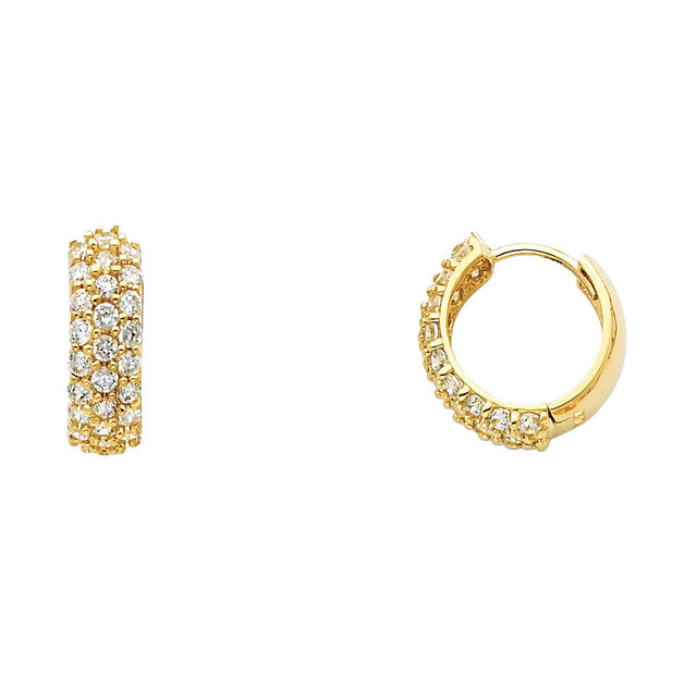 14K Yellow Gold Single-Row CZ Huggie Earring on White Background