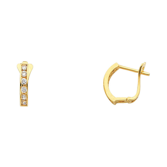 14K Yellow Gold Single-Row CZ Huggie Earring on White Background