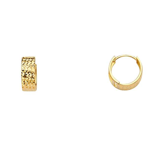 14K Yellow Gold Faceted Diamond-Cut Huggie Earring on White Background