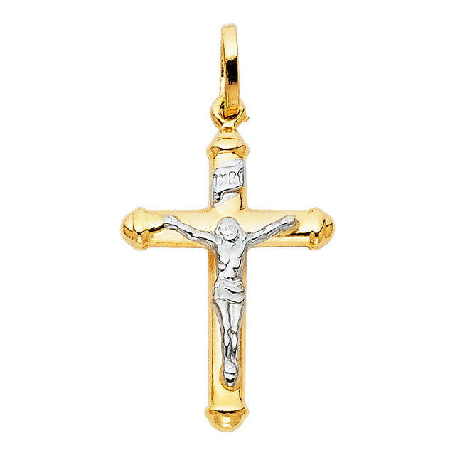 14K Two-Tone Gold Ball-End Tube Crucifix — Small