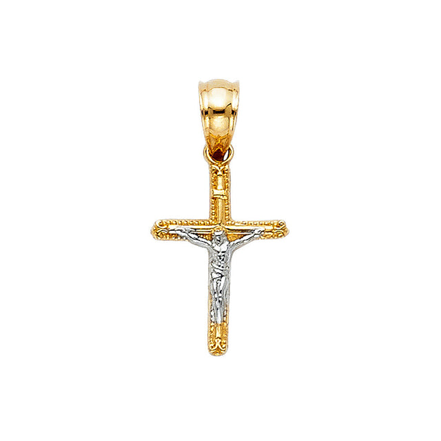 14K Two-Tone Gold Beaded-Frame Crucifix — Small