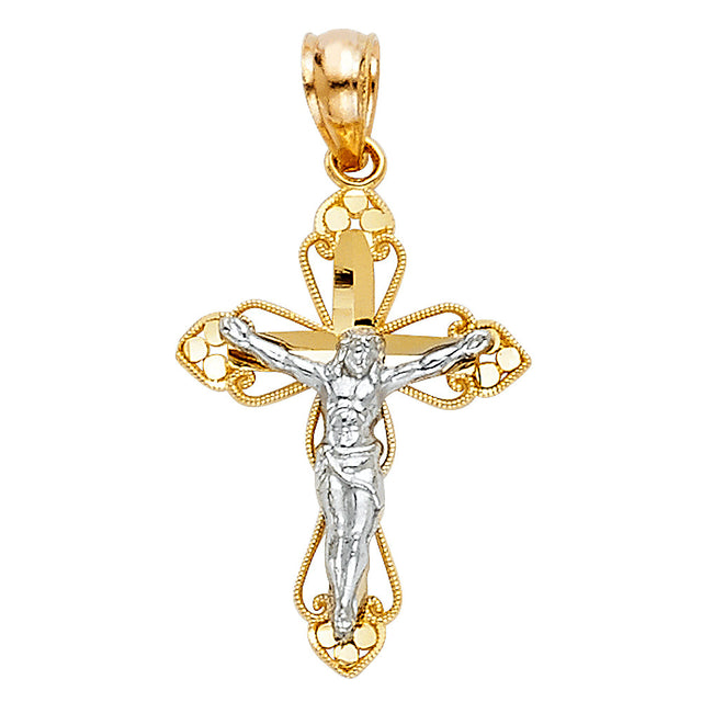 14K Two-Tone Gold Openwork Fleur Crucifix Pendant on white background - Italian Fashions
