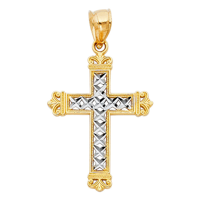 14K Two-Tone Gold Lattice Design Cross Pendant on white background - Italian Fashions