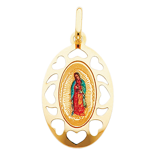 14K Yellow Gold Openwork Oval Our Lady of Guadalupe Picture Pendant