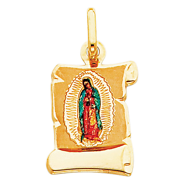 14K Yellow Gold Scroll Our Lady of Guadalupe Picture Pendant