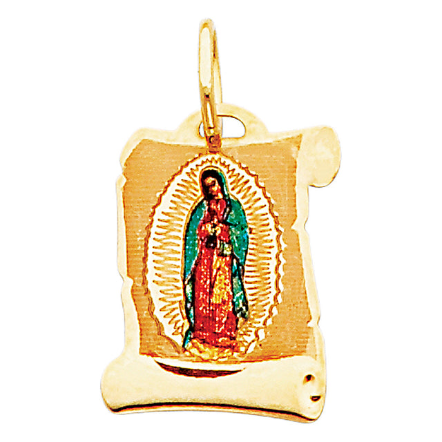 14K Yellow Gold Petite Scroll Our Lady of Guadalupe Picture Pendant
