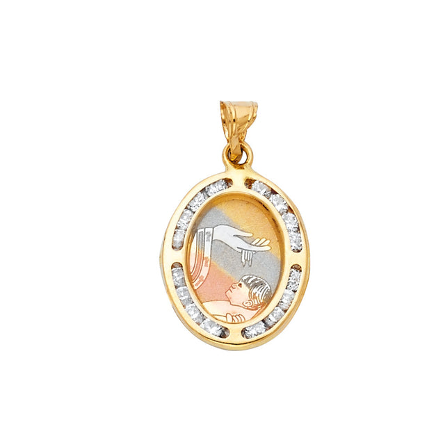 14K Tricolor Gold CZ Oval Baptism Pendant