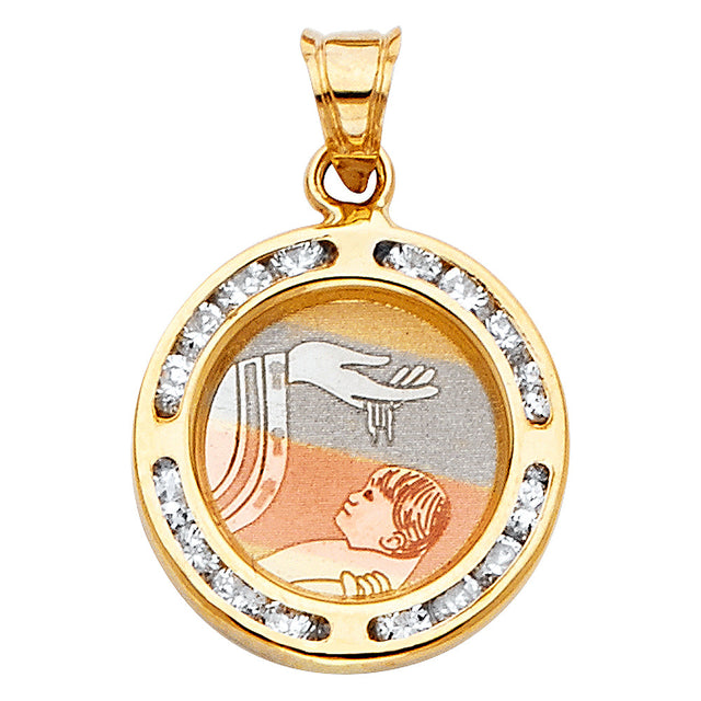 14K Tricolor Gold CZ Round Baptism Pendant