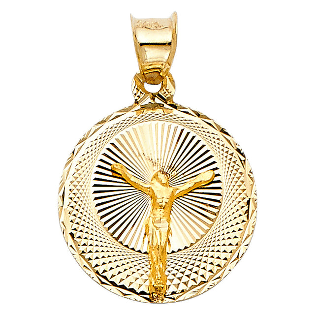 14K Yellow Gold Crucified Christ 'Cristo' Medal Pendant on white background - Italian Fashions