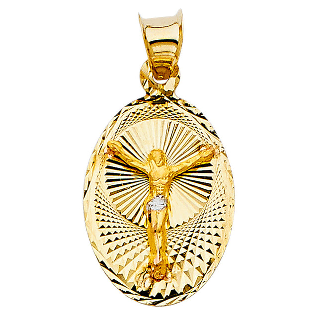 14K Two-Tone Gold Crucified Christ Oval Medal Pendant on white background - Italian Fashions