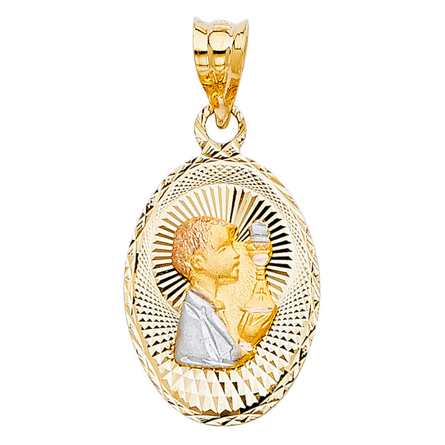 14K Two-Tone Gold First Communion Boy Medal Pendant on white background - Italian Fashions
