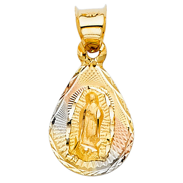 14K Tricolor Gold Petite Teardrop Our Lady of Guadalupe Medal Pendant
