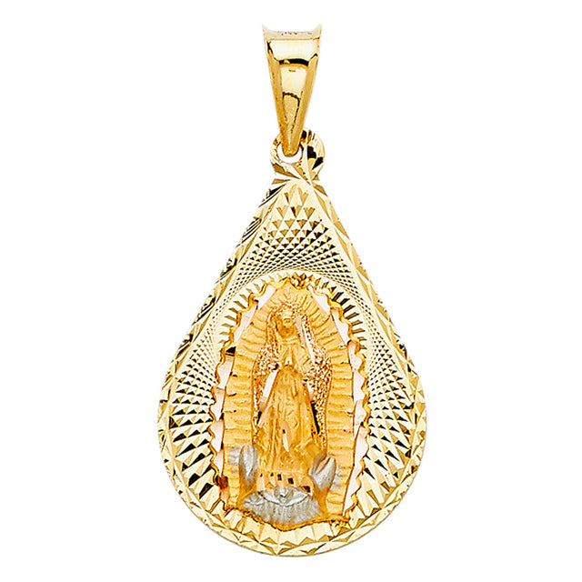 14K Two-Tone Gold Large Teardrop Our Lady of Guadalupe Medal Pendant
