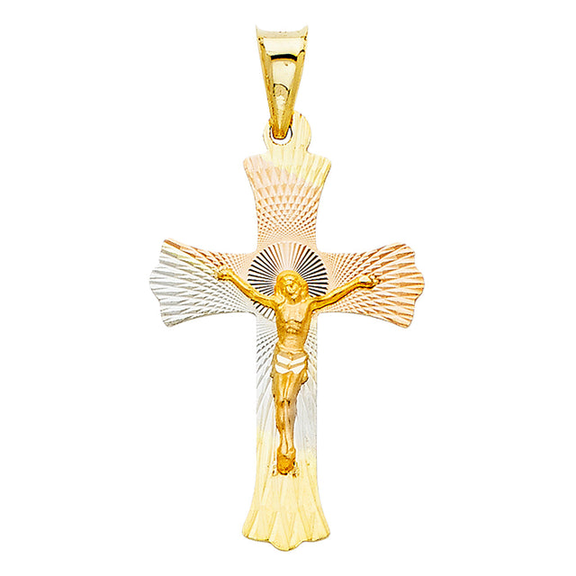 14K Tricolor Gold Flared Radiant Crucifix Pendant