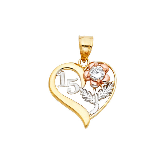 14K Tricolor Gold 15 Years Heart Pendant