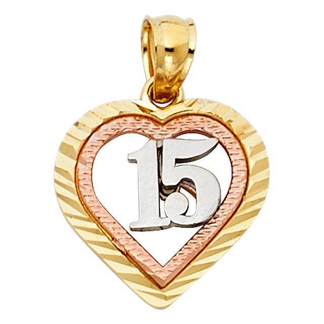 14K Tricolor Gold 15 Years Heart Pendant