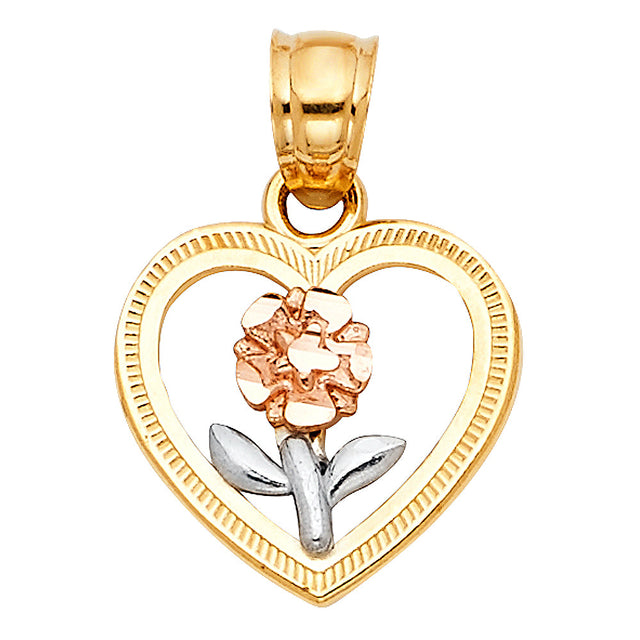 14K Tricolor Gold Rose Heart Pendant