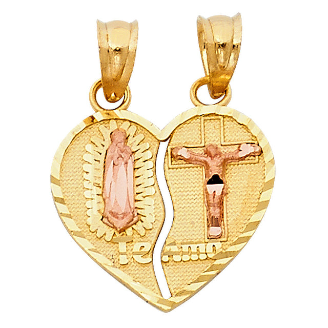 14K Two-Tone Gold ‘Te Amo’ Guadalupe & Crucifix Heart Pendant — Small — on white background — Italian Fashions