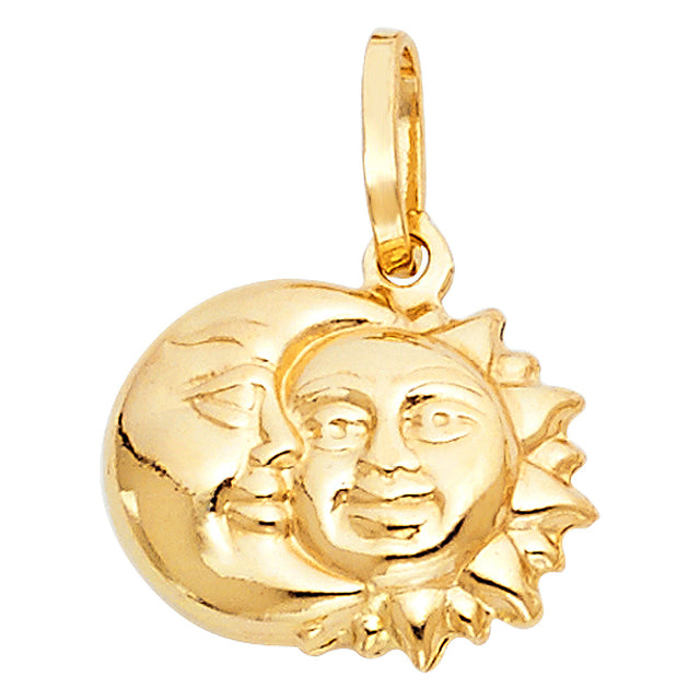 14K Yellow Gold Hollow Sun and Moon Face Pendant