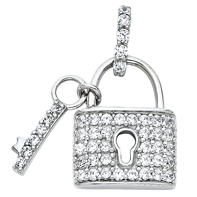 14K White Gold Stone-Accented Padlock Pendant on White Background