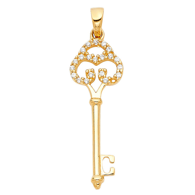 14K Yellow Gold Ornate Filigree Key Pendant on White Background