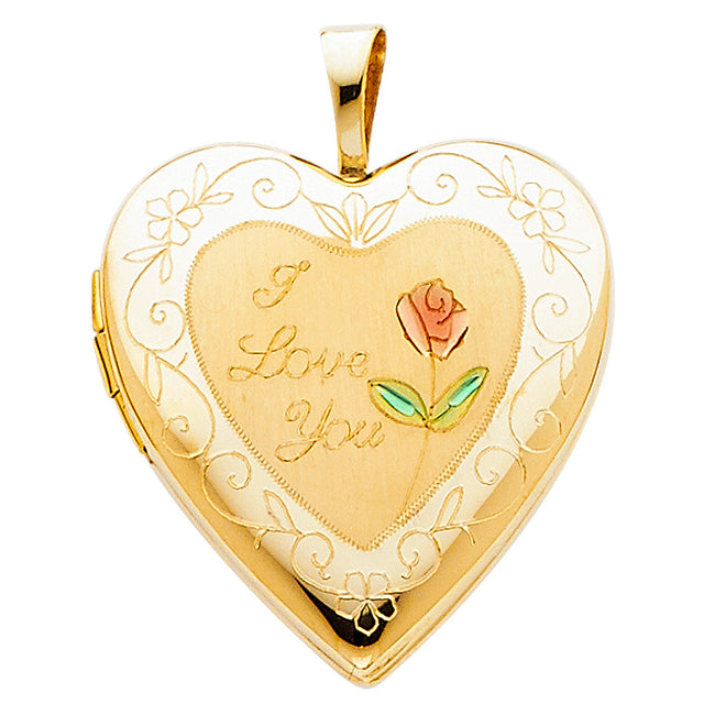 14K Yellow Gold I Love You Enamel Heart Locket Pendant on White Background