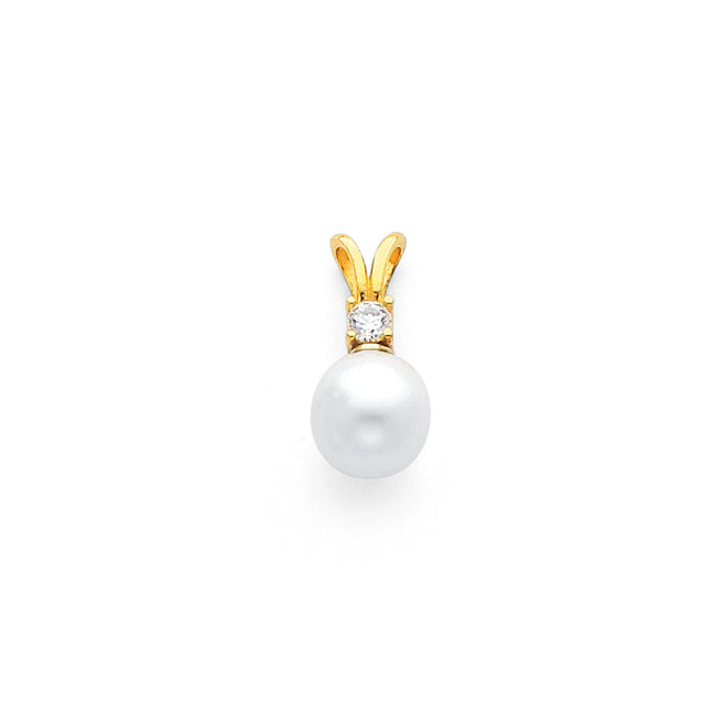 14K Yellow Gold Pearl with CZ Pendant on White Background