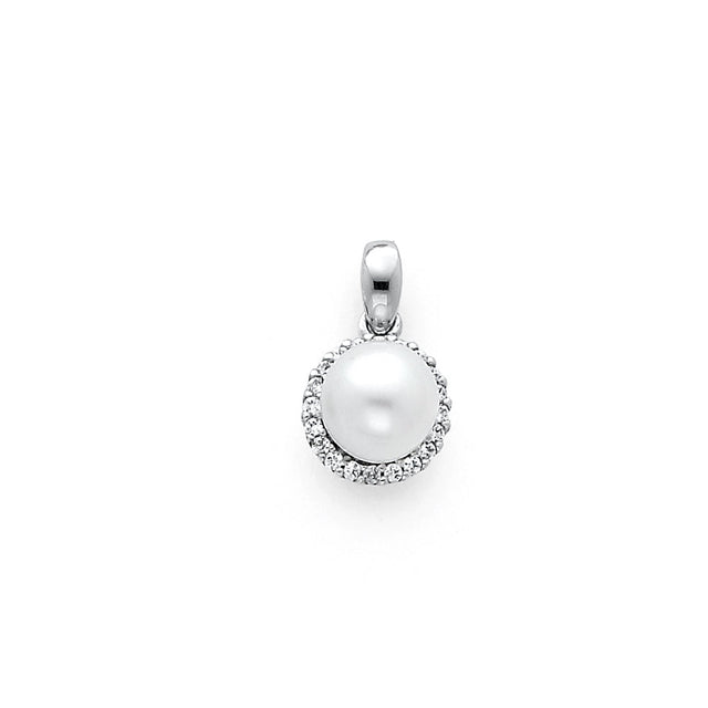 14K White Gold Pearl Halo Pendant