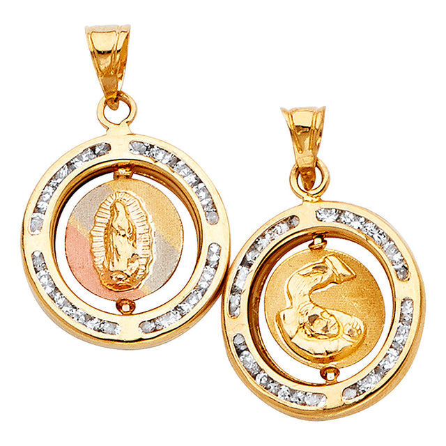 14K Tricolor Gold Guadalupe & Quinceanera '15' Reversible Medal Pendant on white background - Italian Fashions