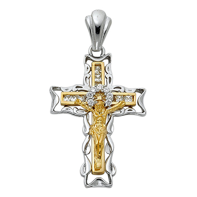 14K Two-Tone Gold CZ Fancy Crucifix Pendant