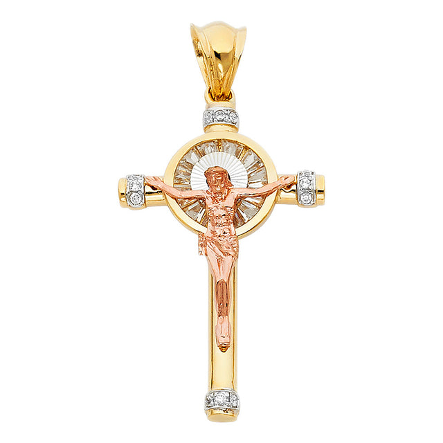 14K Tricolor Gold CZ Crucifix Pendant