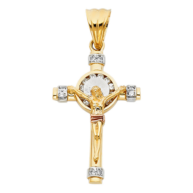 14K Tricolor Gold CZ Crucifix Pendant