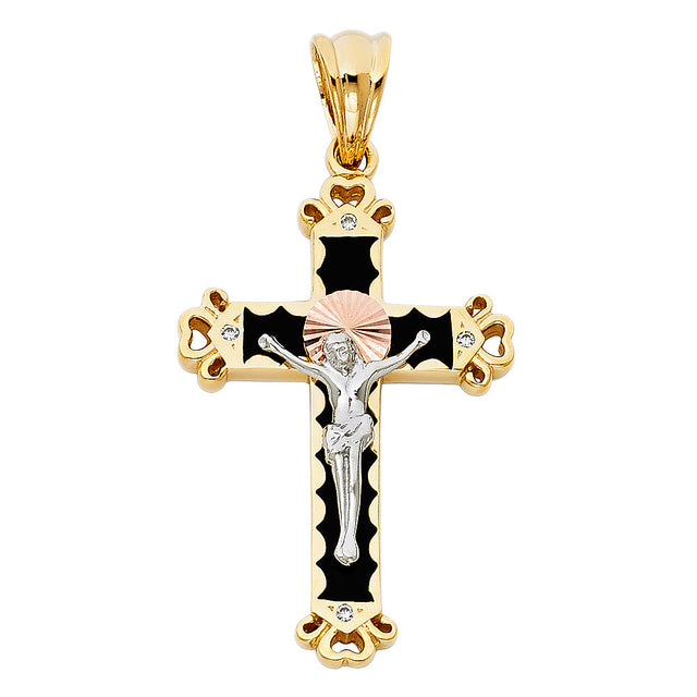 14K Tricolor Gold CZ Crucifix Pendant
