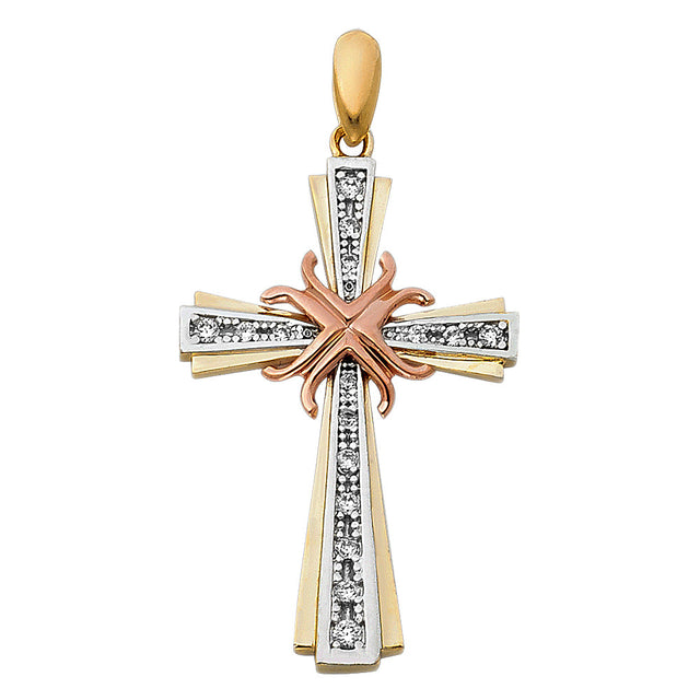 14K Tricolor Gold CZ Fancy Cross Pendant