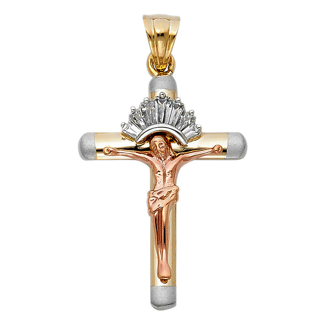 14K Tricolor Gold CZ Fancy Crucifix Pendant